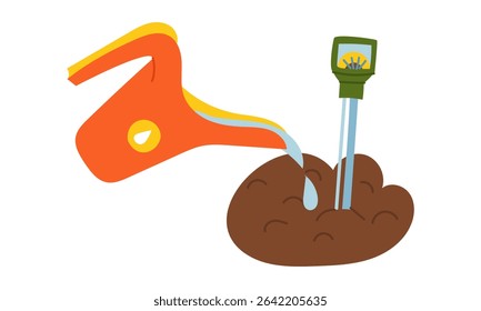 water sprinkler waters the soil with a moisture meter. Flat color illustration. It is suitable for packaging design, advertising, articles about gardening, farming, healthy eating and watering plants