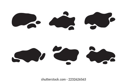 Water stain and drop, liquid spill vector icon. Cartoon puddle rain. Oil or paint wet spot set. Black irregular blob isolated on white background. Abstract illustration