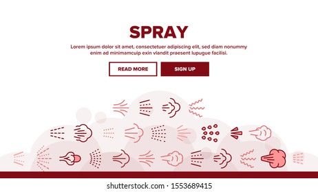 Water, Steam, Liquid Spray Landing Web Page Header Banner Template Vector. Letting Water, Air Through Pulverizer. Sprinkler Distributing Drops Of Liquid Lineart . Spraying Smoke, Steam And Gases