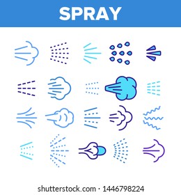 Water, Steam, Liquid Spray Vector Linear Icons Set. Letting Water, Air Through Pulverizer. Sprinkler Distributing Drops Of Liquid Lineart Design. Spraying Smoke, Steam And Gases Thin Line Illustration