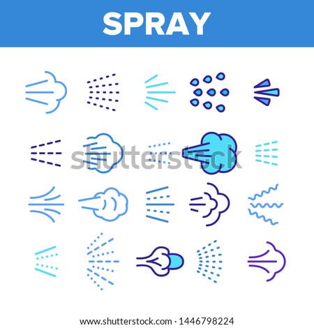 Water, Steam, Liquid Spray Vector Linear Icons Set. Letting Water, Air Through Pulverizer. Sprinkler Distributing Drops Of Liquid Lineart Design. Spraying Smoke, Steam And Gases Thin Line Illustration