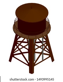 Water storage tower. View isometric. Wooden structure for storing water. 3D. Vector illustration.