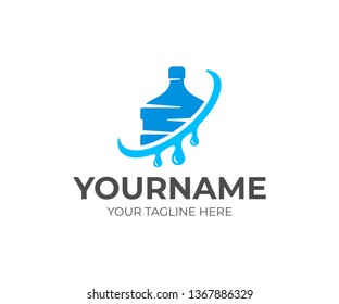 Water store and plastic bottle of water with drops, logo design. Drink, beverage, liquid, organic and natural resources, vector design and illustration