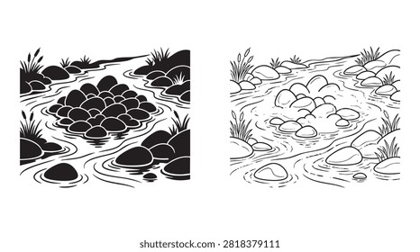 water stream with pebbles and rocks illustration for design