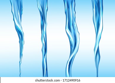 Water streams set, isolated flow motion of pure liquid. Hydration elements on blue background. Dynamic flowing transparent pouring aqua jet, drink, waterfall or river spate Realistic 3d vector clipart