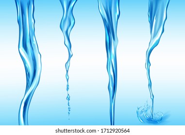 Water streams set, isolated flow motion of pure liquid with drops and splashes on blue background. Dynamic transparent pouring aqua jet, drink, waterfall or river spate, Realistic 3d vector clipart