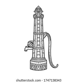 Water street standpipe sketch engraving vector illustration. T-shirt apparel print design. Scratch board imitation. Black and white hand drawn image.