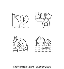 Water stress linear icons set. Desert expansion. Urban runoff management. Lacking drinking water. Customizable thin line contour symbols. Isolated vector outline illustrations. Editable stroke