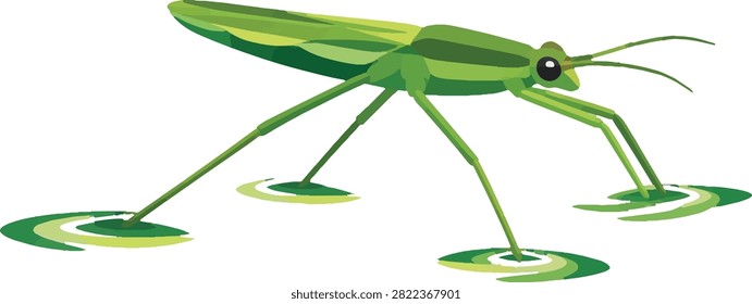 Water strider standing on surface tension, side profile facing right, full body, aquatic insect decorative vector illustration
