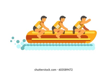 Water summer sport activity vector flat icon. People on inflatable banana boat on water waves