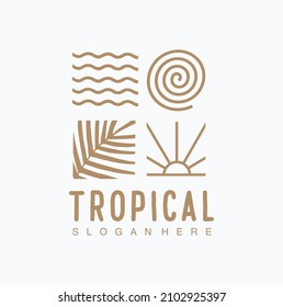 Water Sun and Leaf Nature Logo Symbols Stock Vector Illustration of ocean. Beach Logo Tropical Island Summer Vacation Vector Art Template