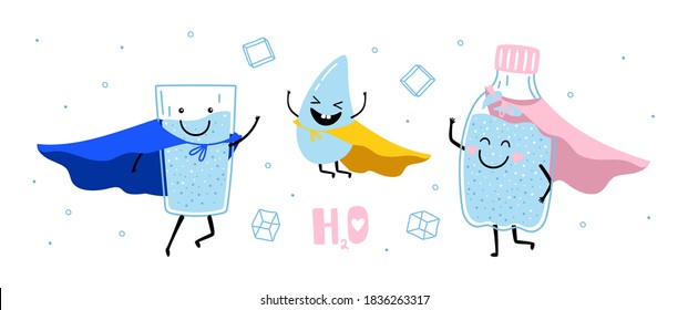 Water super heroes. Clean healthy drinks, cute smile eco lifestyle, h2o vector banner