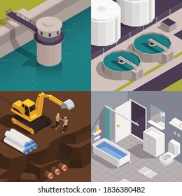 Water supply concept 4 isometric compositions with basin level flow measuring facilities bathroom excavator pipes vector illustration 