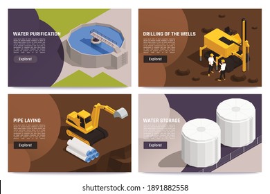 Water supply concept 4 isometric compositions with purification treatment storage facilities wells drilling pipe laying vector illustration