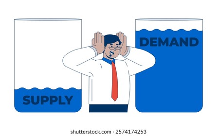 Water supply and demand crisis 2D illustration concept. Resource scarcity issue. Professional man stressed about imbalance cartoon character isolated on white. Metaphor abstract flat vector graphic