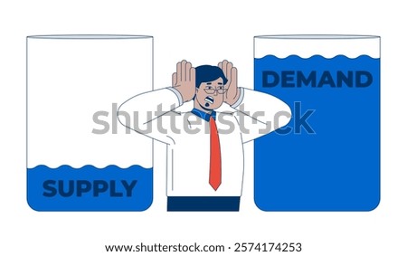 Water supply and demand crisis 2D illustration concept. Resource scarcity issue. Professional man stressed about imbalance cartoon character isolated on white. Metaphor abstract flat vector graphic