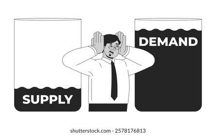 Water supply and demand crisis black and white 2D illustration concept. Resource scarcity issue. Professional man stressed about imbalance outline character isolated. Metaphor monochrome vector art