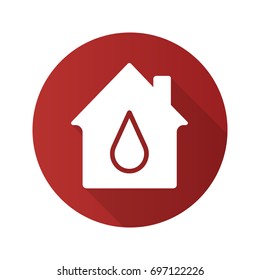 Water supply flat design long shadow glyph icon. House with water drop inside. Vector silhouette illustration