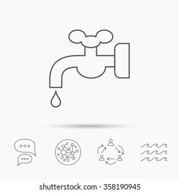 Water supply icon. Crane or Faucet with drop sign. Global connect network, ocean wave and chat dialog icons. Teamwork symbol.