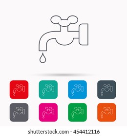 Water Supply Icon. Crane Or Faucet With Drop Sign. Linear Icons In Squares On White Background. Flat Web Symbols. Vector