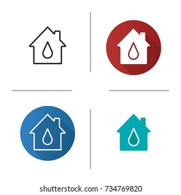 Water supply icon. Flat design, linear and glyph color styles. House with water drop inside. Isolated vector illustrations