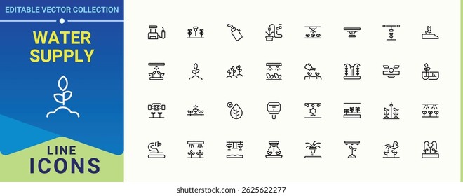 Water Supply icon set. Contain linear sign spray, farming, sprinkle, plant, garden, agriculture, irrigate and more. Irrigation modern icon set. Minimalist vector collections. Editable vector.