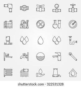 Water supply icons - vector linear faucets, water purification, plumbing symbols or logo elements