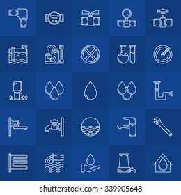 Water supply icons - vector linear collection of bathroom equipment symbols or water logo elements