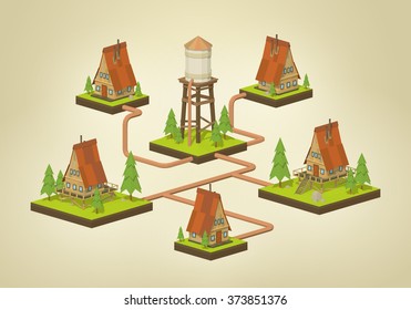 Water supply infographics. 3D lowpoly isometric vector concept illustration suitable for advertising and promotion