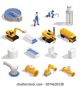 Water Supply Isometric Set With Purification Reservoir Pipeline Digger Excavator Tower Bathtub Toilet Sink Plumber Vector Illustration