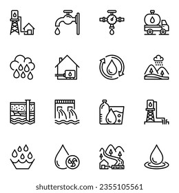 water supply line icons set. pure, purity, droplet, plumbing, recycle, drip, ripple, fluid, supply, faucet, truck, drinking, wet, eco, outline