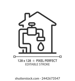 Water supply linear icon. Potable water at home. Residential infrastructure. Clean water access. Thin line illustration. Contour symbol. Vector outline drawing. Editable stroke. Pixel perfect