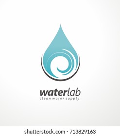 Water supply logo design template with water drop and swirl design element in negative space. Aqua symbol.