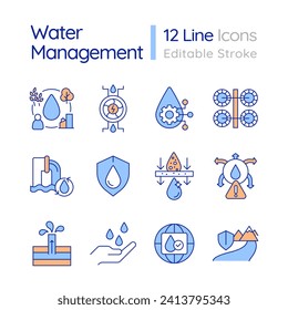 Water supply management RGB color icons set. Control and protect aqua sources. Freshwater consumption. Isolated vector illustrations. Simple filled line drawings collection. Editable stroke