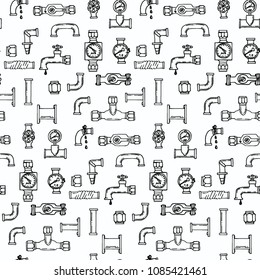 Water Supply Networks. Sketch Doodle Hand Drawn Seamless Pattern. Vector Illustration. Games, Technology And Steam Punk Pattern. Hydro Background. Plexus Of The Hydraulic Tube.