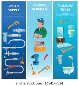 Water Supply, Plumbing Service with Tools Vertical Banners Set. Plumber in Uniform with Equipment for Renovation. Demaged Pipes with Leaking Water. Toilet, Sink, Bathtub. Male Characters.