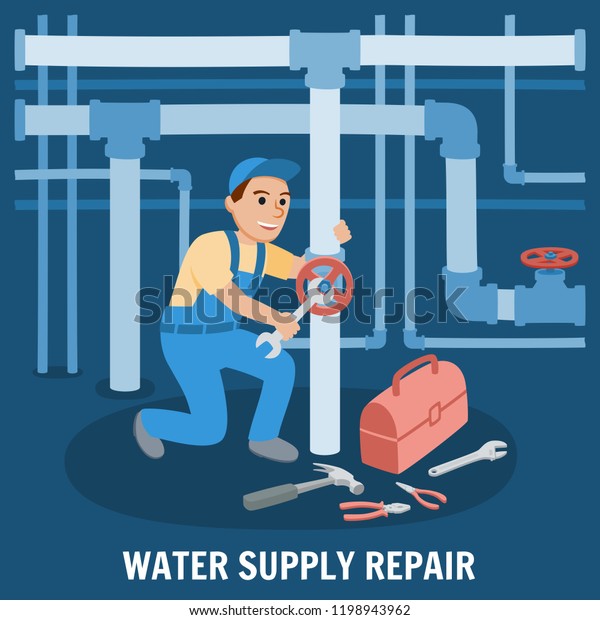 水道の修理 下水システム 配管工は ツールを使用して配管を修理します 配管工事 漏れのあるパイプラインの検査 配管修理を使用した配管設計コンセプトセット ベクターイラスト のベクター画像素材 ロイヤリティフリー
