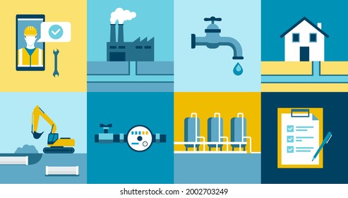 Water supply and sanitation services icons set: water treatment, distribution and collection service provider