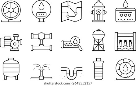 Water Supply Stroke Icon Collection. Including Hydrants, Pumps, Pipes, and More. Editable Outline Symbol Set.
