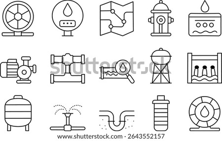 Water Supply Stroke Icon Collection. Including Hydrants, Pumps, Pipes, and More. Editable Outline Symbol Set.