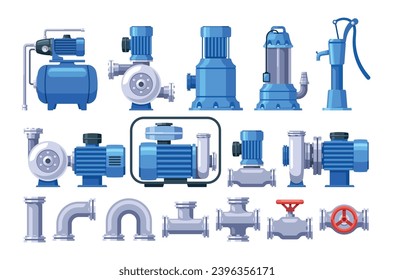 Water Supply System Consists Of Pipes, Pumps, And Valves That Transport Water From Its Source To Homes, Vector Set