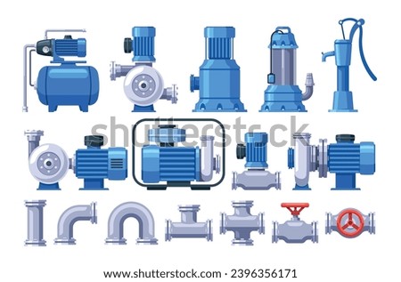 Water Supply System Consists Of Pipes, Pumps, And Valves That Transport Water From Its Source To Homes, Vector Set