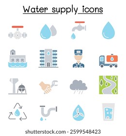 Water supply system icon set in flat color style