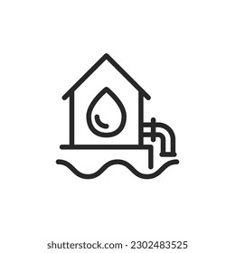 Water Supply System Icon. Vector Outline Sign of House with Water Drop and Pipe - Vector Symbol Depicting Residential Plumbing and Water Infrastructure.