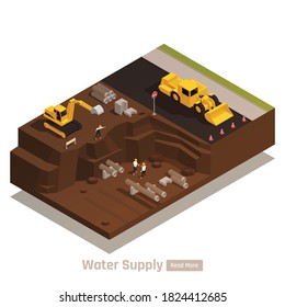 Water supply system isometric web page element with bulldozer excavator digging trenches for pipes installation vector illustration