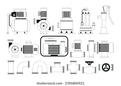 Water Supply System Outline Icons Set. Pipes, Pumps, And Valves Items That Transport Water From Its Source