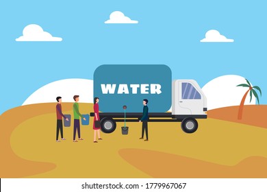 Water supply vector concept: group of people asking for tap water to the water truck driver