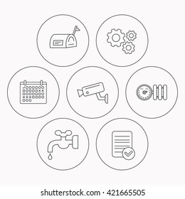 Water supply, video camera and mailbox icons. Radiator with regulator linear sign. Check file, calendar and cogwheel icons. Vector
