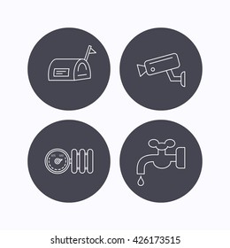 Water supply, video camera and mailbox icons. Radiator with regulator linear sign. Flat icons in circle buttons on white background. Vector