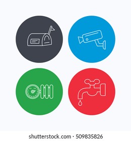 Water supply, video camera and mailbox icons. Radiator with regulator linear sign. Linear icons on colored buttons. Flat web symbols. Vector